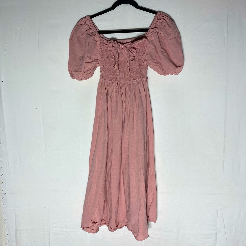 Light Pink Off Shoulder Puff Sleeve Smocked Body Midi Dress S